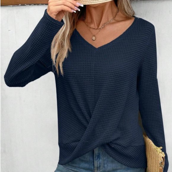 Blue Waffle Knit Cross Wrap Tee - Picture 1 of 5